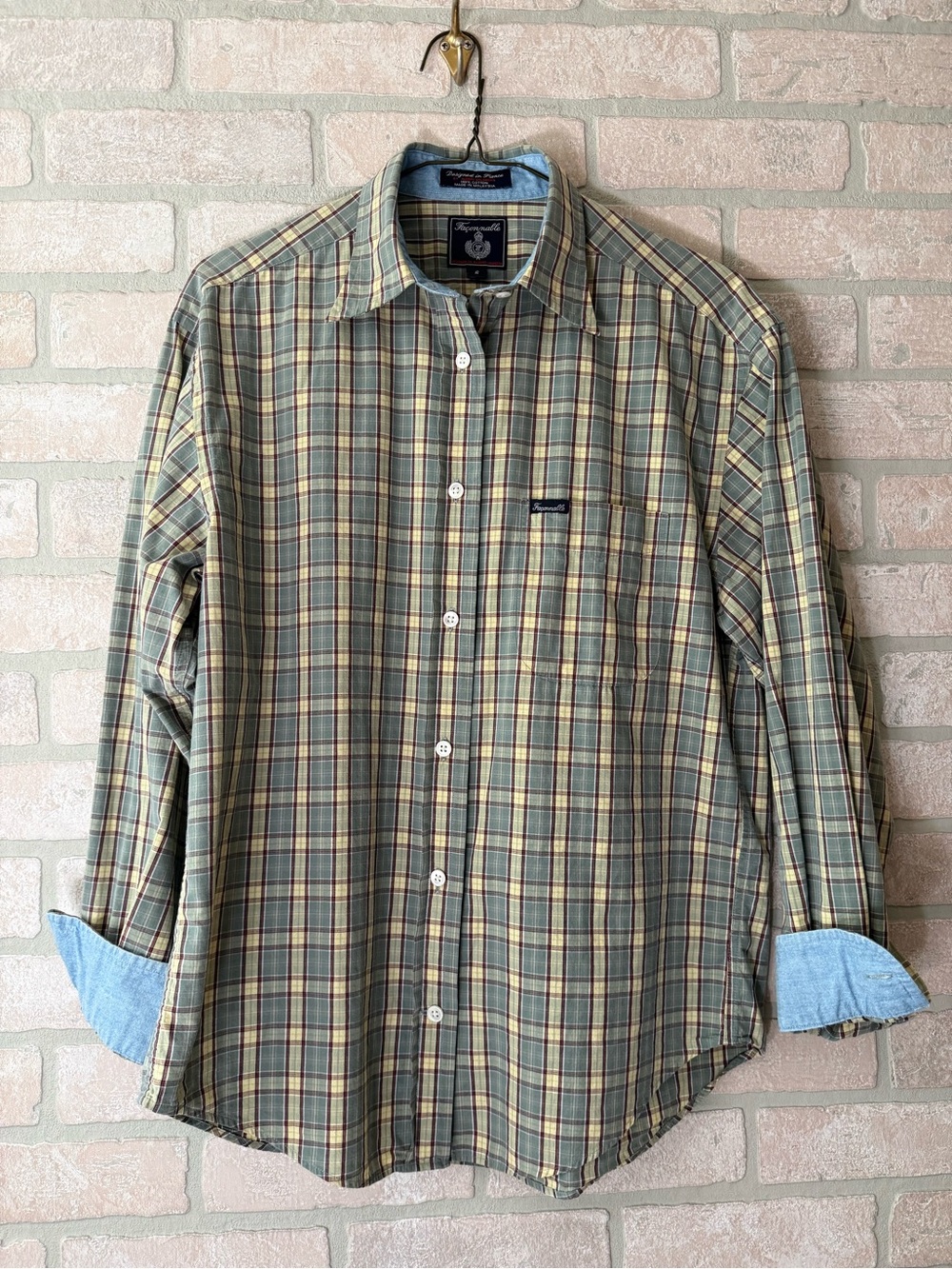 VTG Faconnable Plaid Long-Sleeve Button-Down Shirt w/ Pocket & Contrasting Cuffs